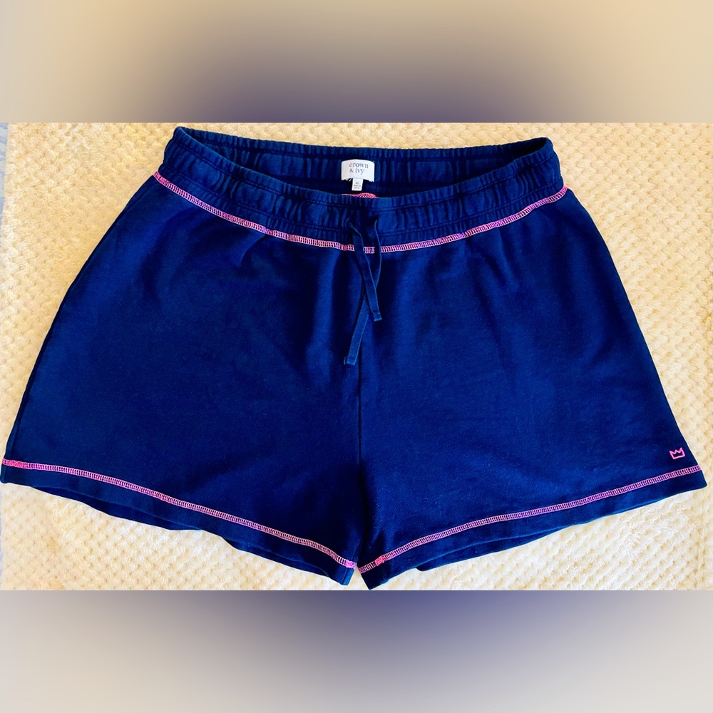 Women's “Crown & Ivy” Navy Blue Drawstring Shorts With Hot Pink Accents